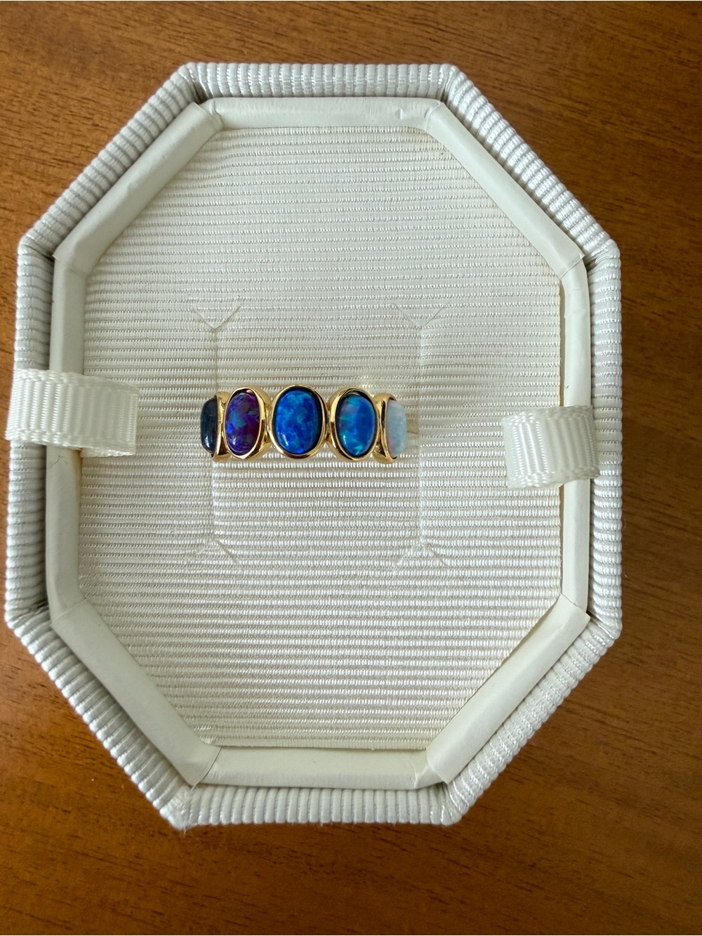 Gold Band Ring with Blue and Purple Opal Inlays - size 6